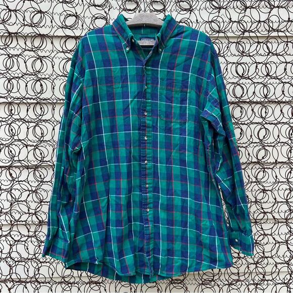 90s Lands End blue green plaid flannel long sleeve button front shirt shacket - Picture 1 of 4